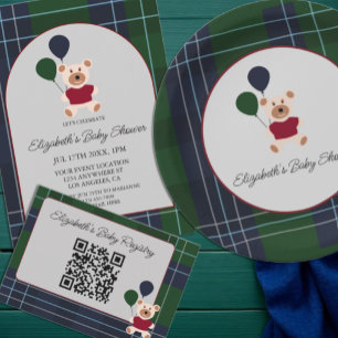 Bear & Balloons Plaid Baby Shower Invitation