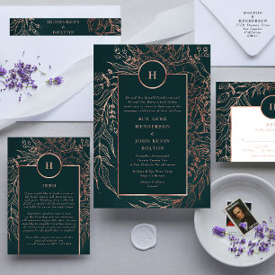 Emerald Dusty Rose Gold Monogram Wreath Wedding Enclosure Card