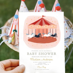 Pink Carousel First Birthday Invitation
