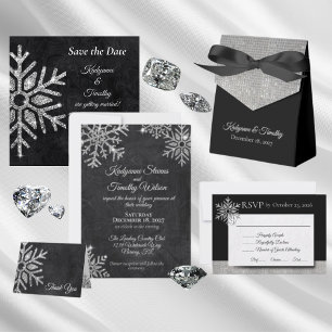 Elegant Diamond Snowflakes on Black Wedding Save The Date