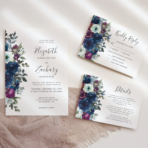 Watercolor Floral Plum Navy Blue Wedding Details Enclosure Card