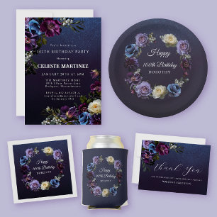 100th Birthday Personalised Moody Purple Flower Napkin