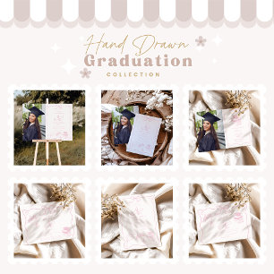Hand Drawn Illustrated Pink Graduation Party Thank You Card