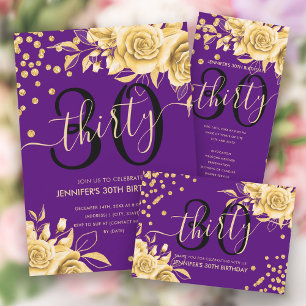 Gold Purple Floral Glitter 30th Birthday Script Invitation