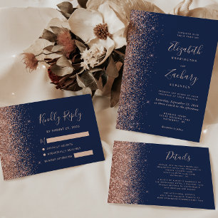 Modern Navy Blue Rose Gold Glitter Wedding Invitation