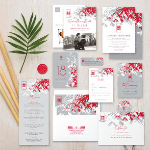 Red Grey Bamboo Leaves Double Xi Chinese Wedding  Invitation