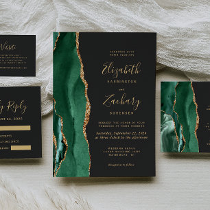 Emerald Green Gold Agate Dark Wedding RSVP Card