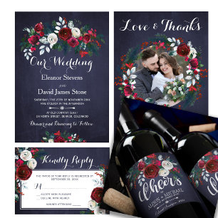 Rustic Winter Red Burgundy Navy Floral Wedding Invitation