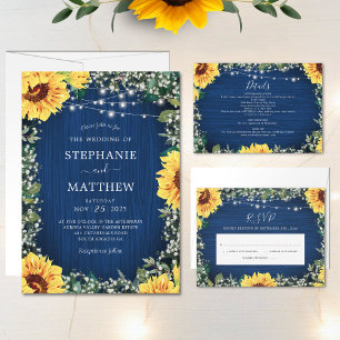 Navy Blue Sunflower Lights Rustic Wedding Invitation