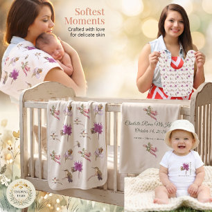 Boho Hummingbird and Wildflowers Whimsical Nursery Fleece Blanket