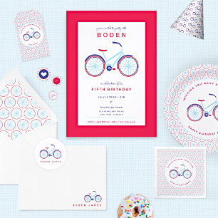 Modern Bicycle Blue and Red Birthday Invitation