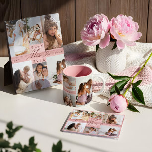 Best Mom Ever Family Photo Collage Pink Woodgrain  Desk Mat
