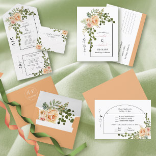 Peach watercolor floral border sping wedding all in one invitation
