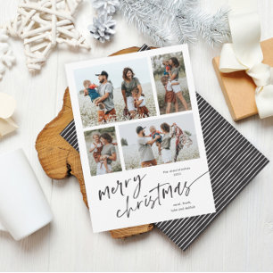 Simple 4 Photo Collage Script Merry Christmas Holiday Postcard