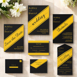 Elegant Modern Black And Gold Fancy Chic Wedding All In One Invitation
