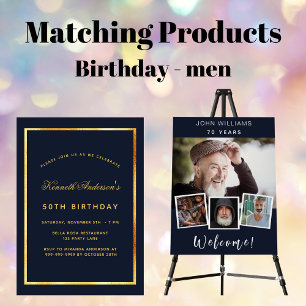 Birthday blue gold classic simple invitation