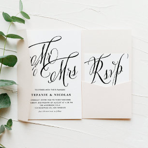 Black Mrs. and Mrs. Rustic Script Wedding Invitation