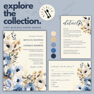 Elegant Dusty Blue Gold Winter Floral Wedding Invitation