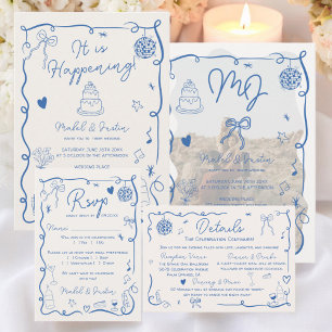 French blue hand drawn illustrated photo wedding invitation