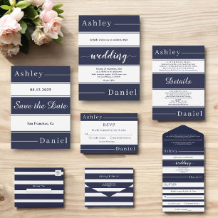 Modern Navy Blue White Stripes Elegant Wedding All In One Invitation