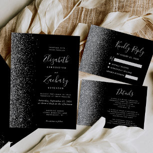 Modern Black Silver Faux Glitter Edge RSVP Card