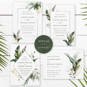 Tropical Watercolor Green Leaves Wedding Invitation