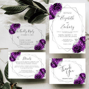 Purple Plum Silver Floral White Wedding Invitation
