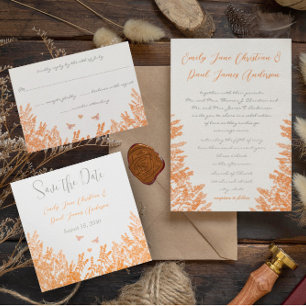 Coral & Grey Flower Butterfly Wedding Invitations