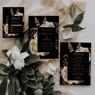 Elegant Moody Dark Floral Ivory Rose Gold Wedding Invitation