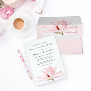 Elegant Watercolor Pink Magnolia Wedding Invitation