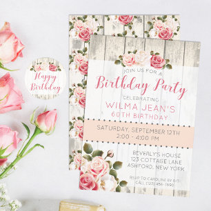 Shabby Chic Roses Rustic Wood Birthday Invitation