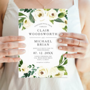 White Roses Floral Greenery Wedding Invitation