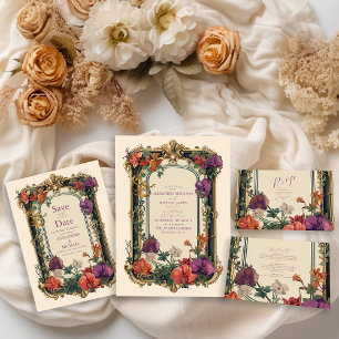 Gold Purple Vintage Floral Wedding Invitation