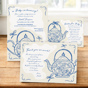 Retro blue bows teapot baby is brewing Baby shower Thank You Card