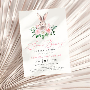 Some Bunny Blush Pink Floral Girls First Birthday Paper Plate