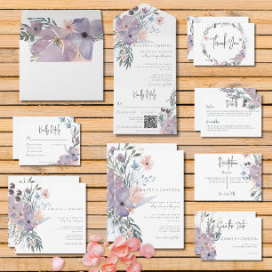 Dusty Purple & Blue Boho Floral Square Wedding Invitation