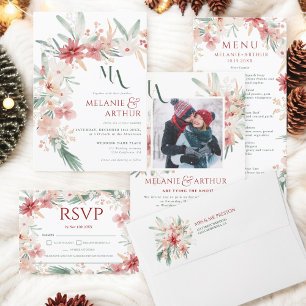 Elegant Watercolor Floral Winter Christmas Wedding Menu