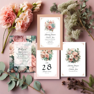 Dusty Rose, Mint Green, and Blush Floral Wedding Invitation