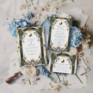Celestial Art Nouveau Blue Gold Wedding Invitation