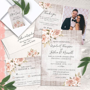 Rustic Wood & Romantic Roses Shabby Chic Wedding Invitation