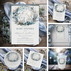 Oh Boy Bunny Rabbit Blue Floral Wreath Baby Shower Invitation