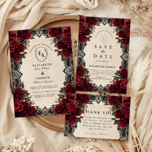Dark Romance Crimson Floral Wedding Invitation