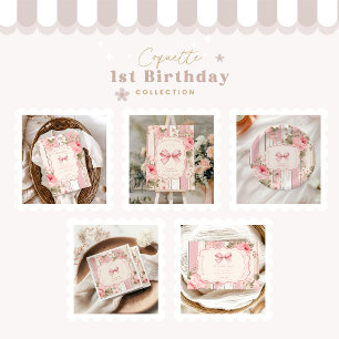 Pink Bow Floral Fancy ONE Girl 1st Birthday  Invitation