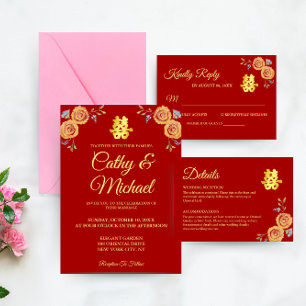 Red orange floral Chinese wedding double happiness Invitation