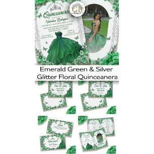 Emerald Green Silver Glitter Floral Quinceanera Invitation