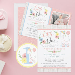 Baby Giraffe First Birthday Floral & Rustic Wood Invitation