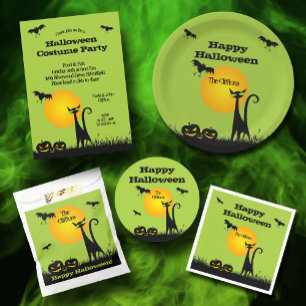 Black Cat and Bats Halloween Invitations