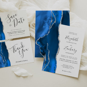 Royal Blue Agate Silver Wedding Thank You Card
