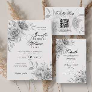 Elegant Wedding RSVP Silver Watercolor Floral Card