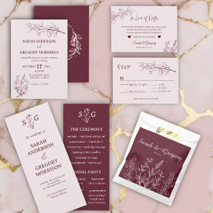 Wine Simple Boho Floral Bicolor  Wedding  Invitation